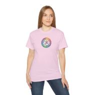 Divine Chakra Rainbow Om Mandala Yoga Tee - Spiritual Alignment - Light Pink - person 1 front