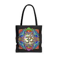 Sacred Om Mandala Tote Bag | Spiritual Boho Zen Carryall - Black - front