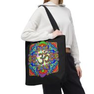Sacred Om Mandala Tote Bag | Spiritual Boho Zen Carryall - Black - person