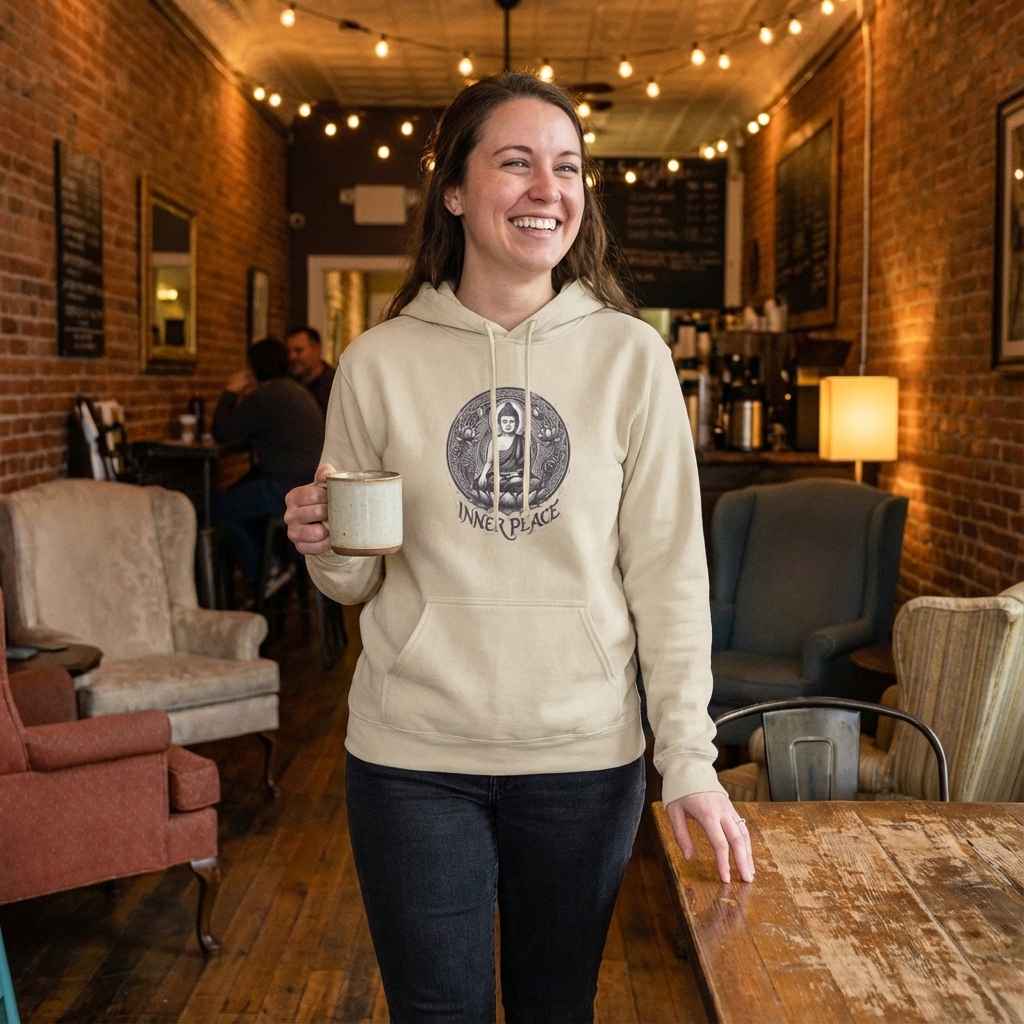 Woman smiling wearing the Zen Serenity Inner Peace Buddha Hoodie
