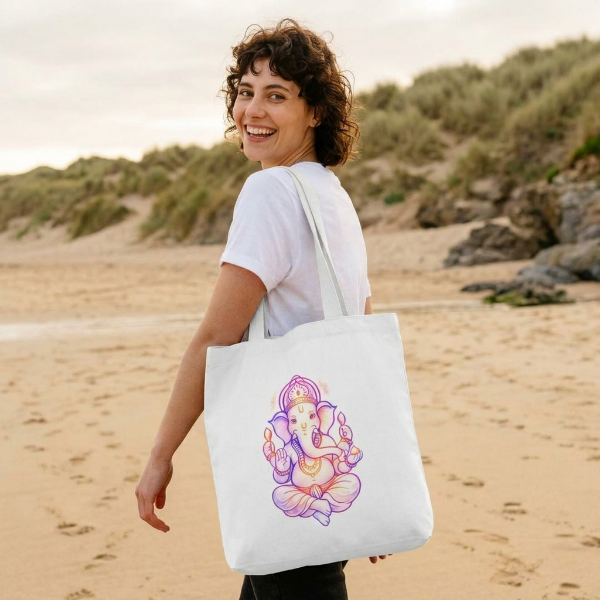 Ganesha Pastel Art Tote Bag | Spiritual Wisdom & Zen Carry-All - White - front